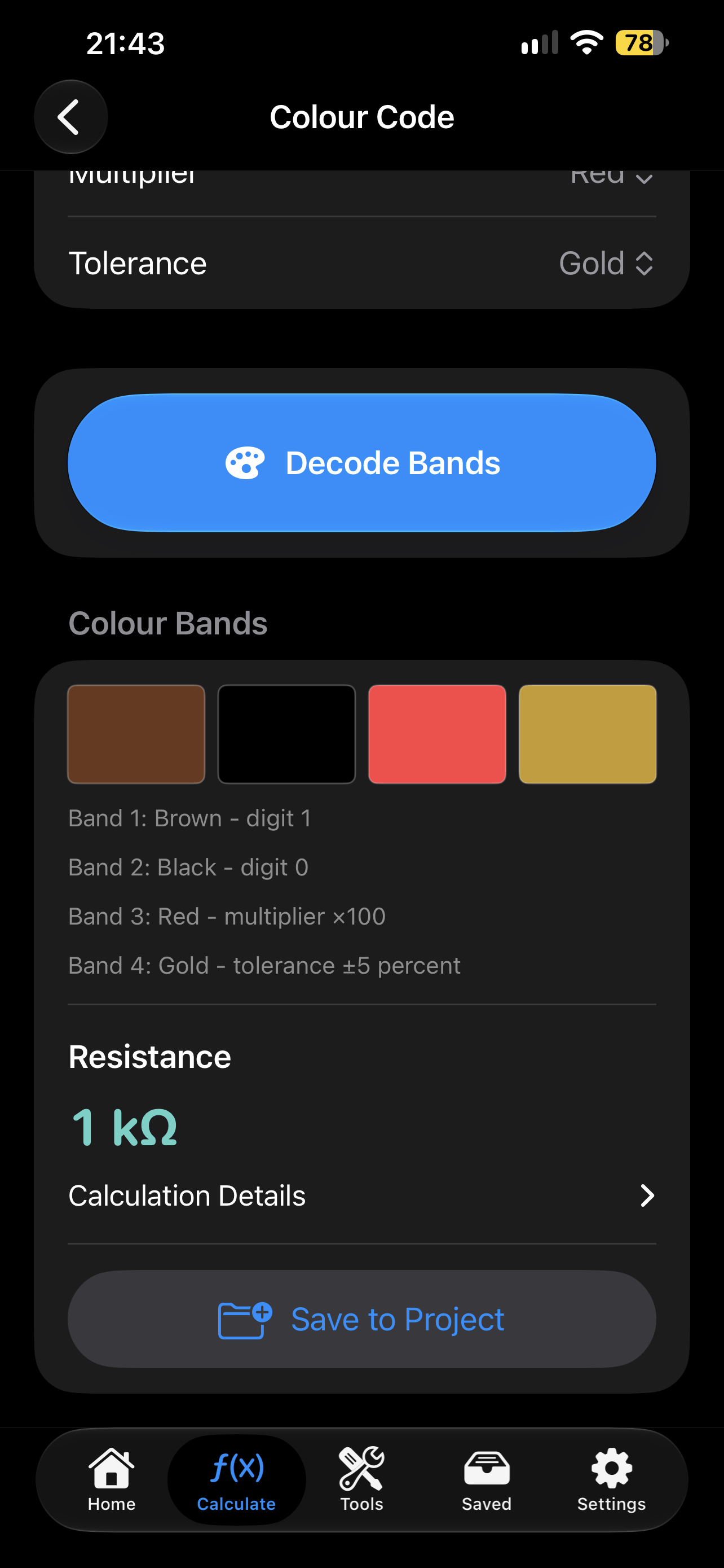 OhmXact Resistor Colour Code result showing 1 kΩ
