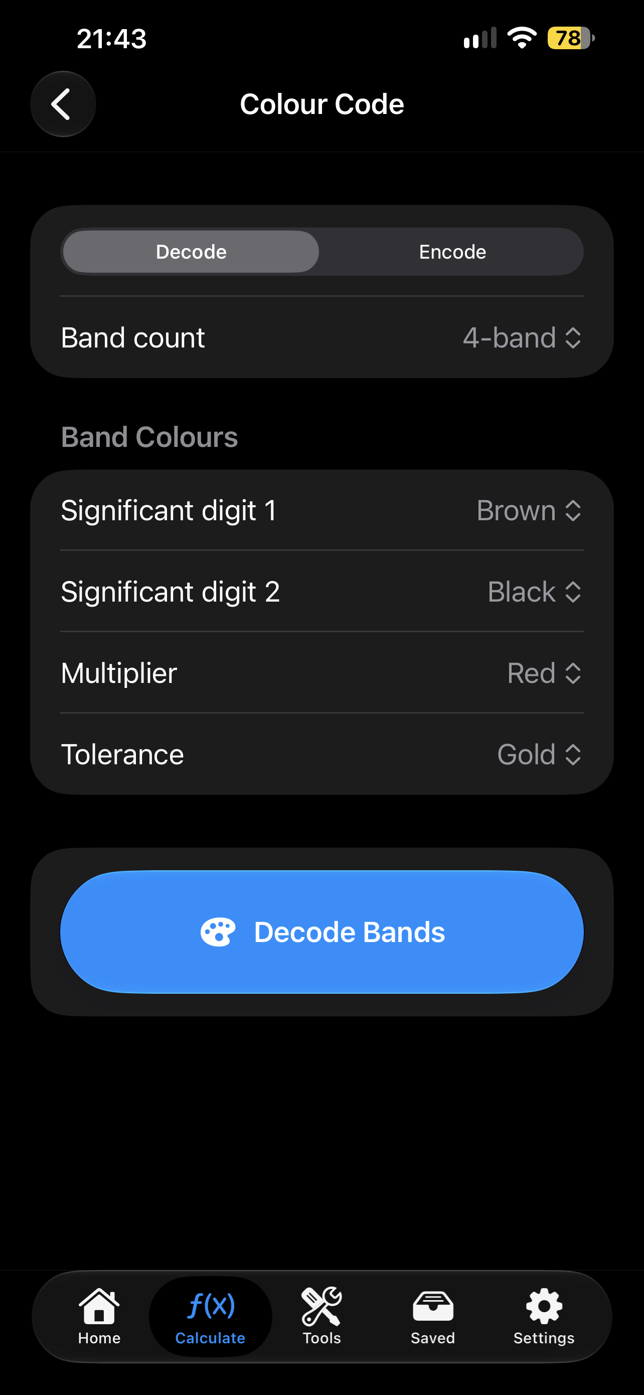 Resistor Colour Code screen with four band settings ready to decode