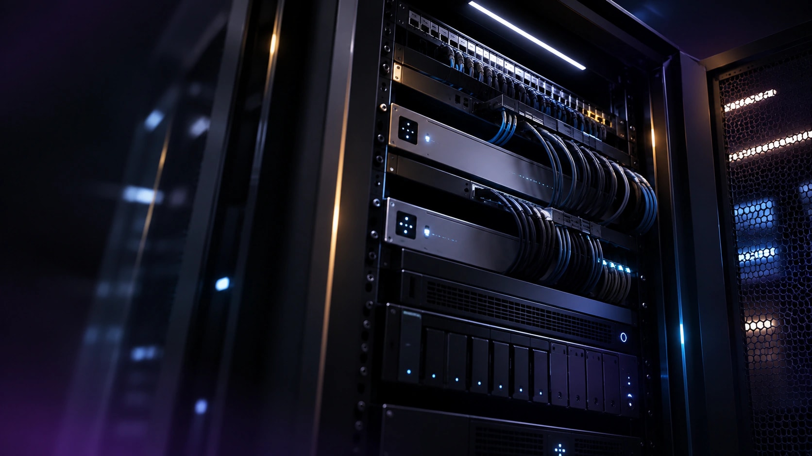 Concept network rack with structured cabling, managed switching, storage and protected infrastructure.
