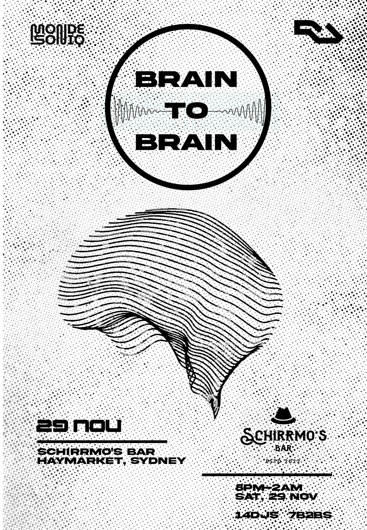 Black-and-white Brain to Brain event poster featuring an abstract line-art head