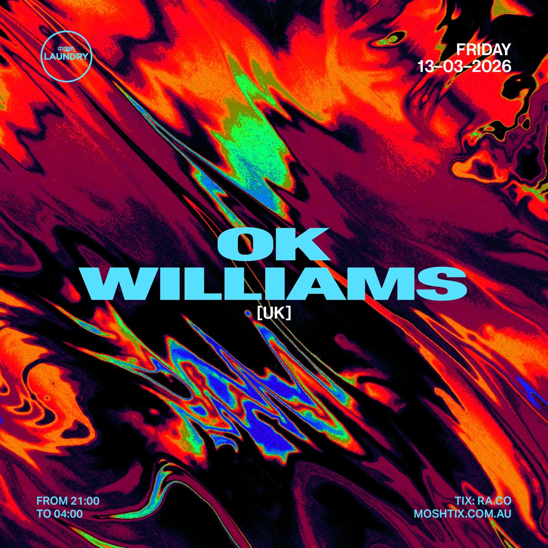 Red, orange and black OK Williams event poster for Chinese Laundry