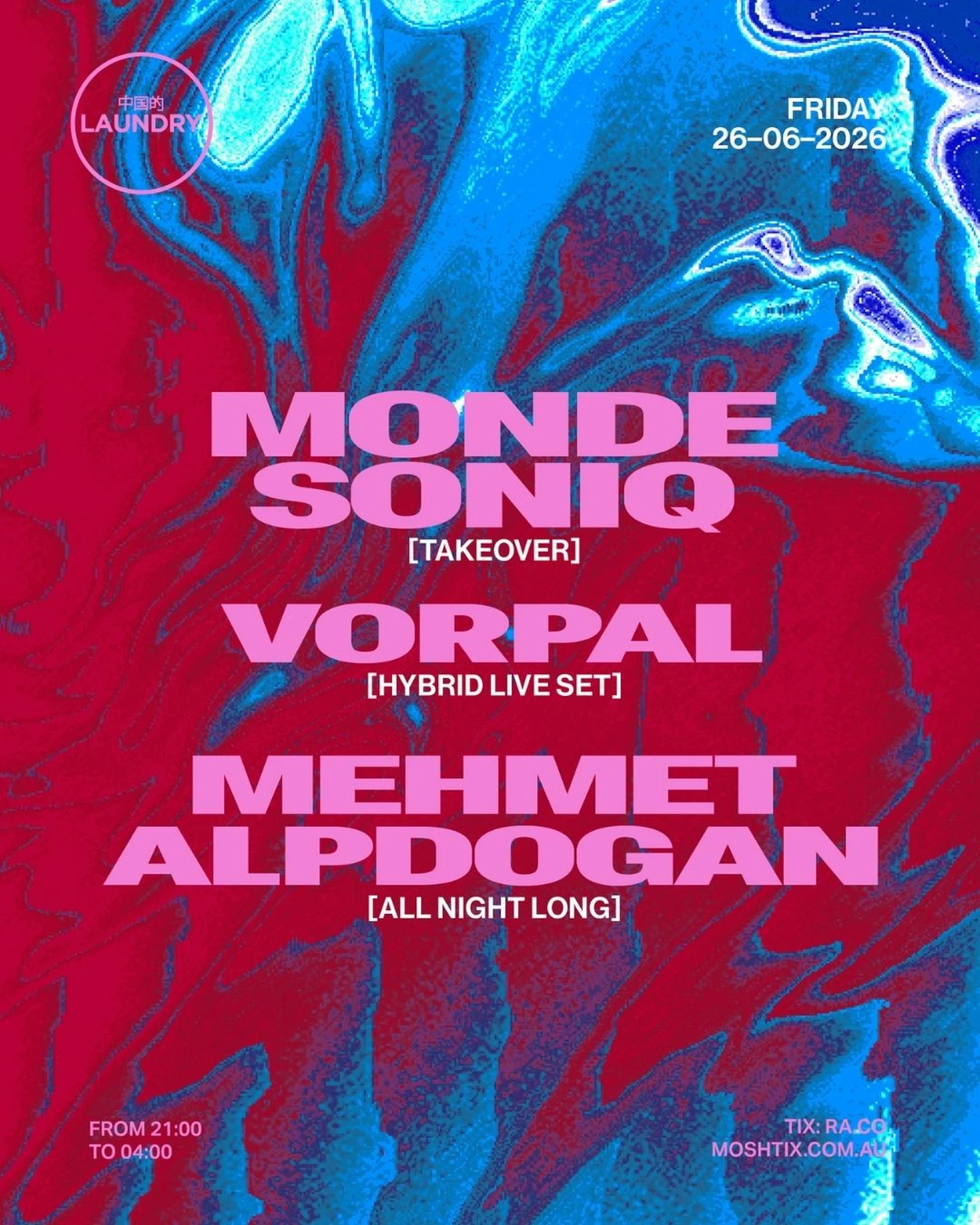 Blue and magenta Vorpal hybrid live set and Monde Soniq takeover event poster